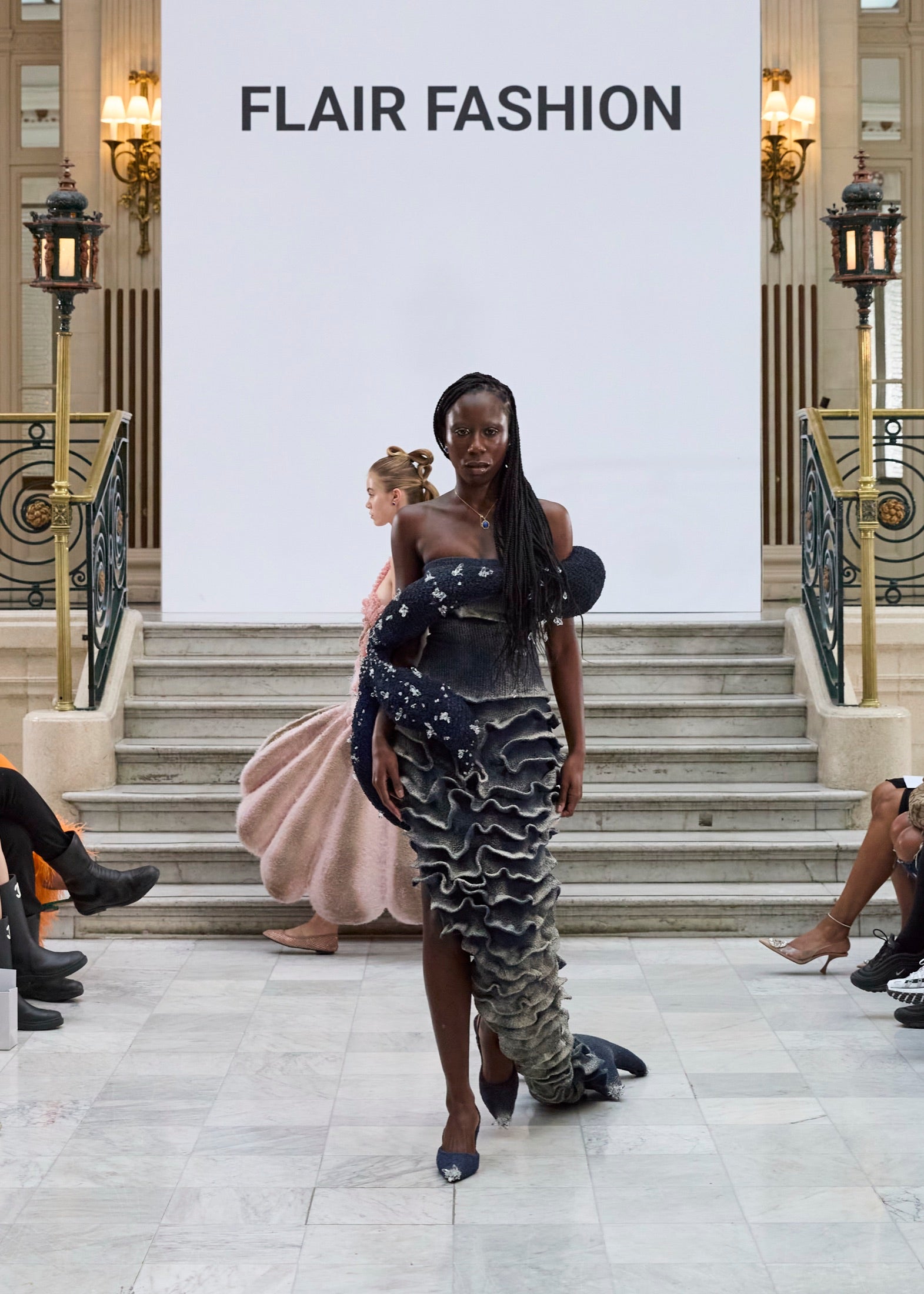 NaveLune, navy ruffle dress on the runway, 3LATO