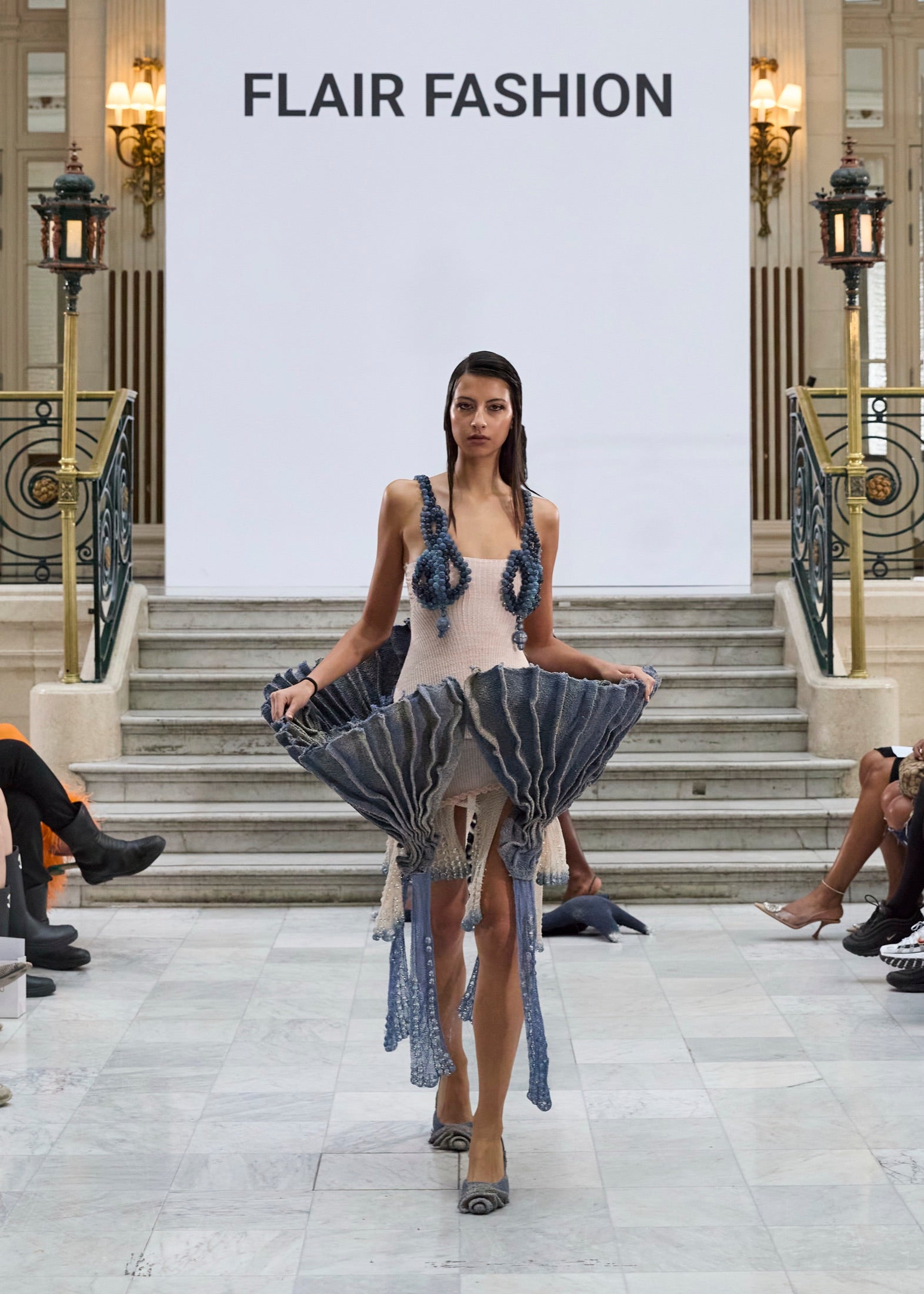Petalia, denim fan dress on the runway, 3LATO